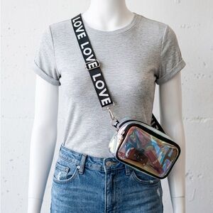 Trendy Holographic Clear Crossbody Bag with Black&White Adjustable “Love” Strap